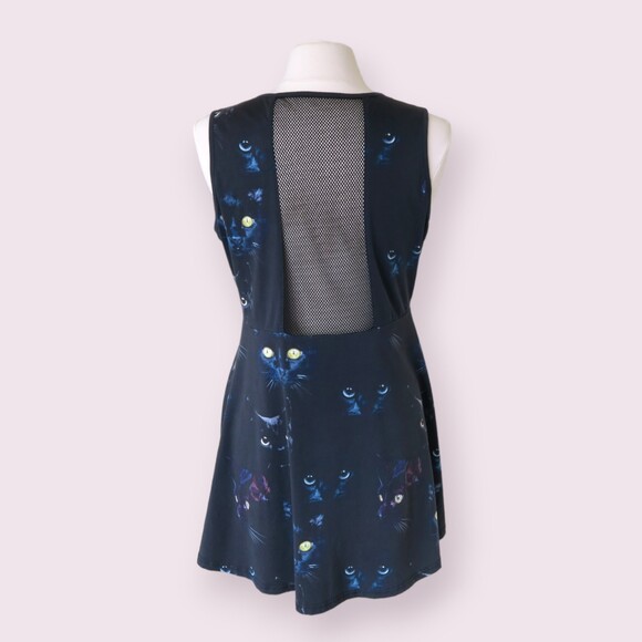 JAWBREAKER Black Cat Print Dress Sz XL Sleeveless V Neck Mesh Panels Fit & Flare - Picture 3 of 9